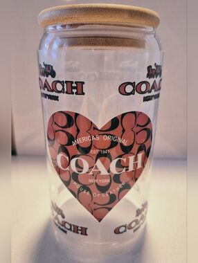 🪻3/$25 Coach Brown Black Themed Design 16oz Glass Tumbler Lid Straw